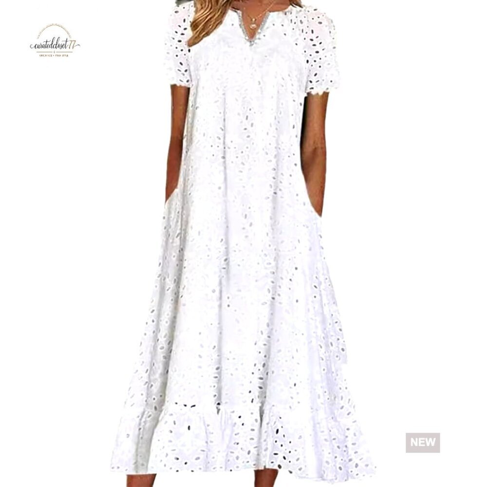 Summer Floral Lace Eyelet Midi Dress with Pockets and Ruffle Hem